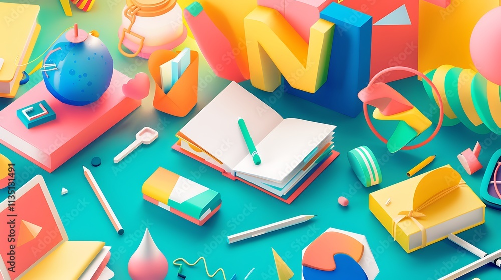 Dynamic back-to-school scene with colorful shapes and symbols 