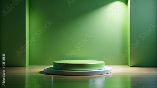 Serene Green Room Featuring a Round Light Above a Round Podium with Ample Copy Space for Promotions and Presentations