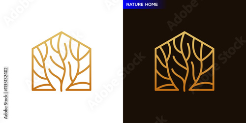Tree branch house logo. Roots, growth, Icon symbol design template EPS 10.