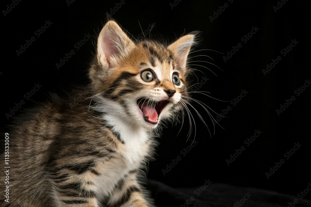 Funny little tabby cat photography looking shocked with mouth open. Portrait of cute kitten on black background with copy space
Funny little tabby cat photography looking shocked with mouth open. Portrait of cute kitten on black background with copy space