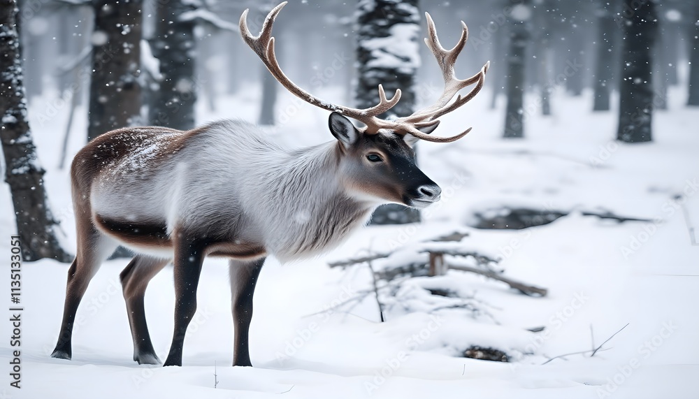 Reindeer in Snowy Forest with Impressive Antlers and Snowflakes Reindeer in Snowy Forest with Impressive Antlers and Snowflakes