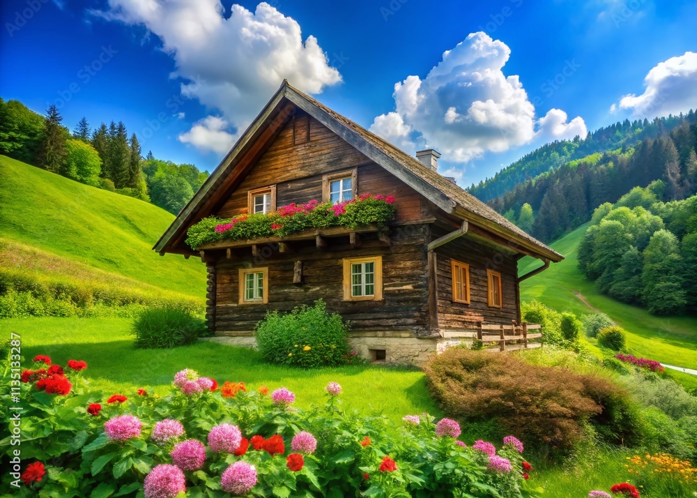 Serene Landscape of a Traditional Wooden House Surrounded by Lush Green Hills and a Clear Blue Sky, Emphasizing the Beauty of Nature and Tranquility Serene Landscape of a Traditional Wooden House Surrounded by Lush Green Hills and a Clear Blue Sky, Emphasizing the Beauty of Nature and Tranquility