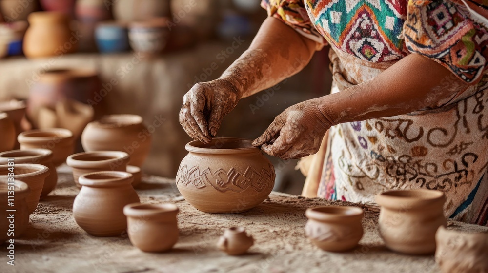 Skilled artisan carefully shaping raw clay pot. Skilled artisan carefully shaping raw clay pot.