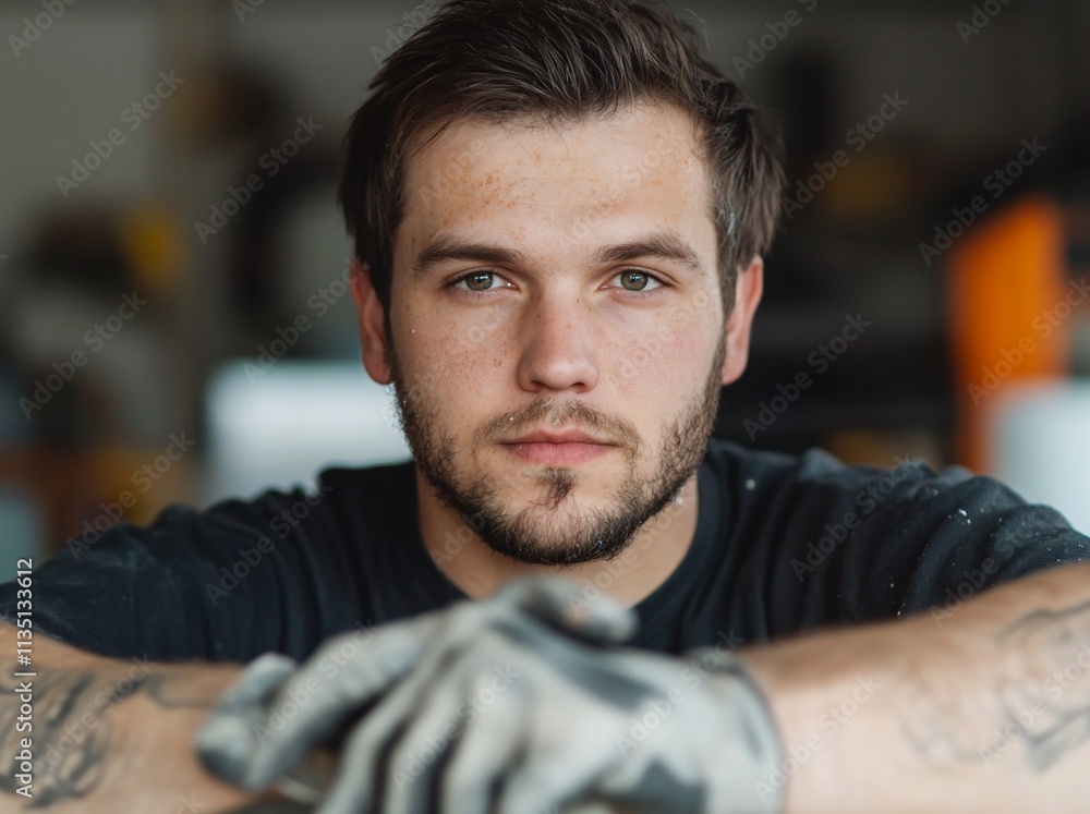 Portrait of a focused young man in a workshop setting. Portrait of a focused young man in a workshop setting.