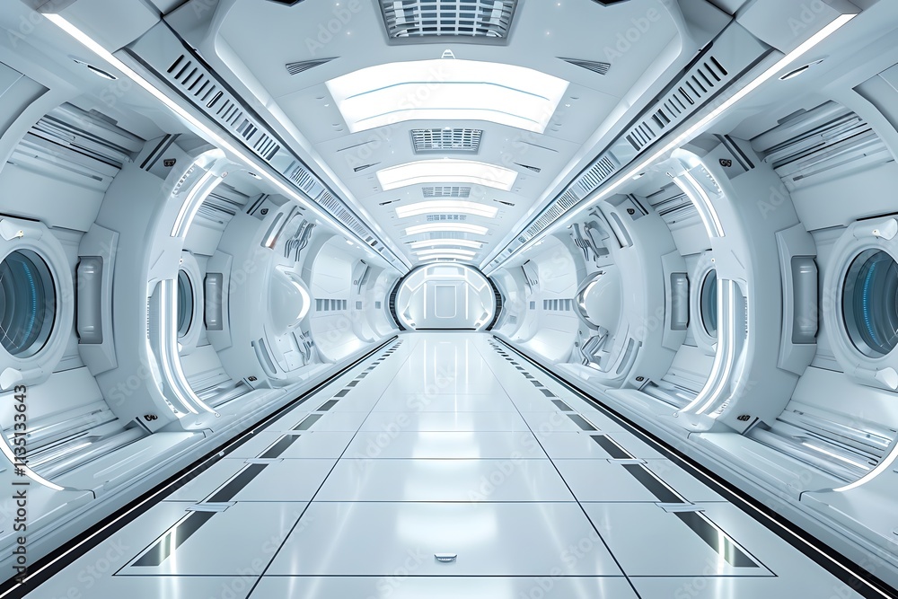 Obraz premium Futuristic Sci-Fi Corridor with Sleek Design and Ambient Lighting