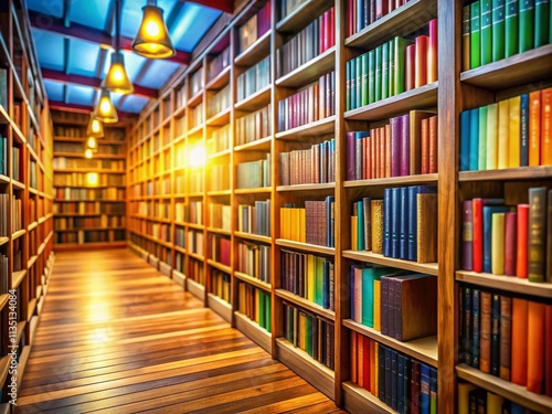 Serene Library Interior Showcasing a Row of Colorful Books on Shelves, Inviting Readers to Explore Knowledge in a Calm Urban Setting for Educational Inspiration