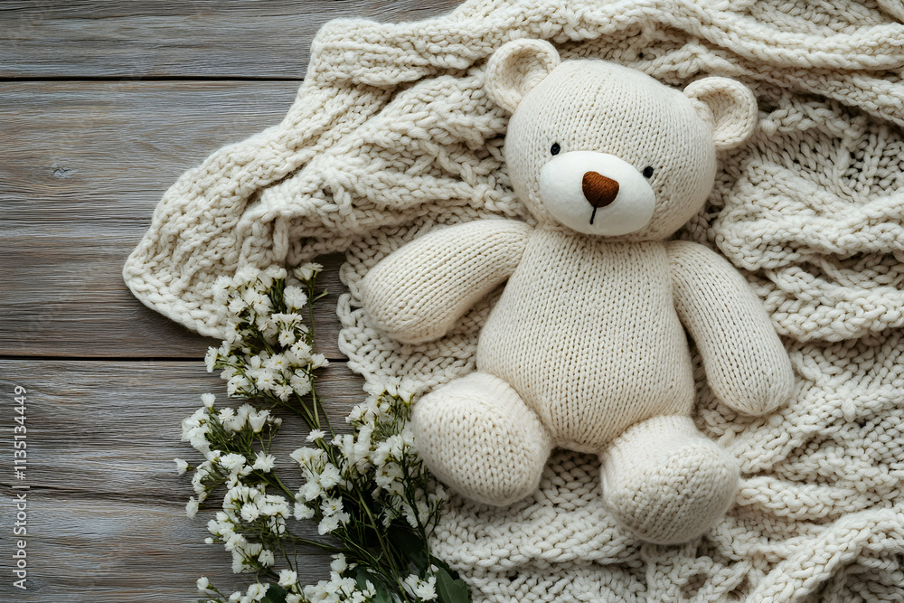 Extra wide banner flatlay image of knit plush stuffed child's toy bear in soft neutral colors with blanket and flowers. Good for product mockup scene creator, text background copy space. Great for yo Extra wide banner flatlay image of knit plush stuffed child's toy bear in soft neutral colors with blanket and flowers. Good for product mockup scene creator, text background copy space. Great for yo