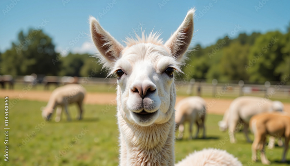 Obraz premium Llamas grazing peacefully in a lush green pasture under a bright blue sky on a sunny afternoon