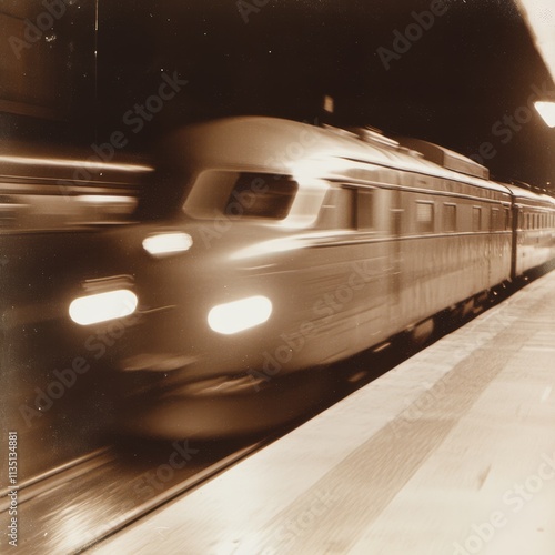 A sepia toned image depicting a busy train station in the 1950s with passengers rushing to catch their trains.
