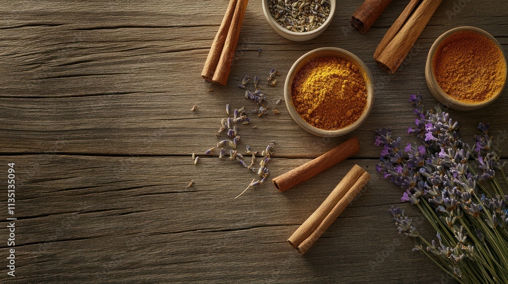Aromatic spices and herbs on rustic wooden table. Aromatic spices and herbs on rustic wooden table.