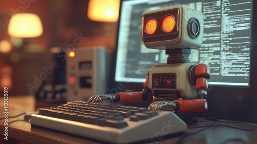 A classic, boxy robot focuses intently on a programming task at an old-fashioned computer setup with glowing monitors. The vintage elements combined with technology make this scene a fun mix of past