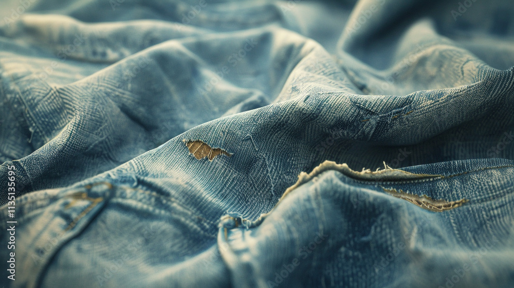 A realistic close-up of faded blue denim with light distressing and natural wear patterns, highlighting its casual, vintage vibe. A realistic close-up of faded blue denim with light distressing and natural wear patterns, highlighting its casual, vintage vibe.