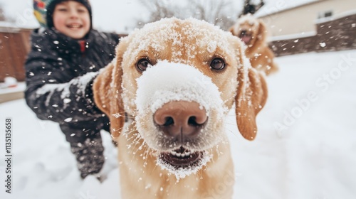 A playful photo of siblings having a snowball fight in their backyard with their dog joining in the fun.