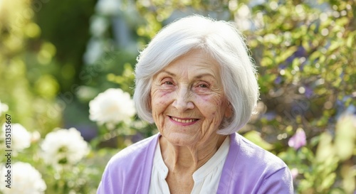 Elderly caucasian woman enjoying a sunny day in a floral garden