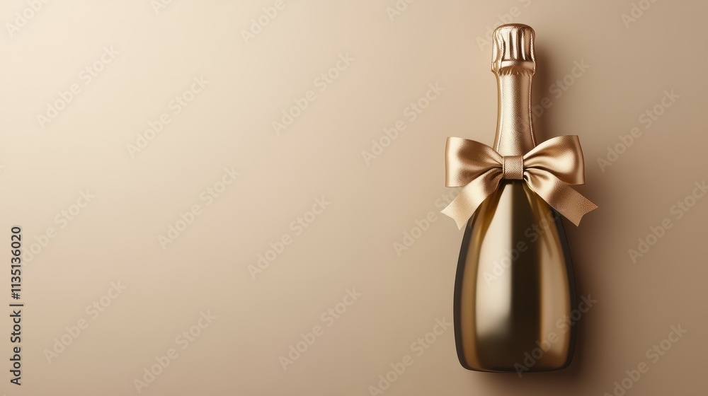 Elegant champagne bottle adorned with a golden bow against a soft beige background, perfect for celebrations. Elegant champagne bottle adorned with a golden bow against a soft beige background, perfect for celebrations.
