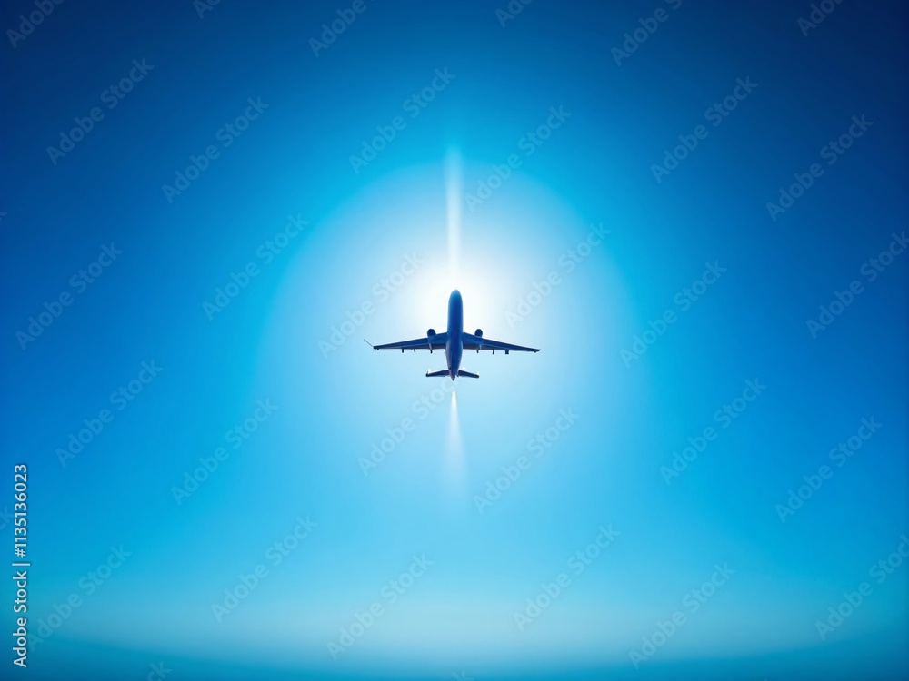 Naklejka premium Serene Minimalist Photography of a Plane Silhouette Against a Clear Blue Sky, Emphasizing Simplicity and Tranquility in Aviation Aesthetics for Stock Image Use