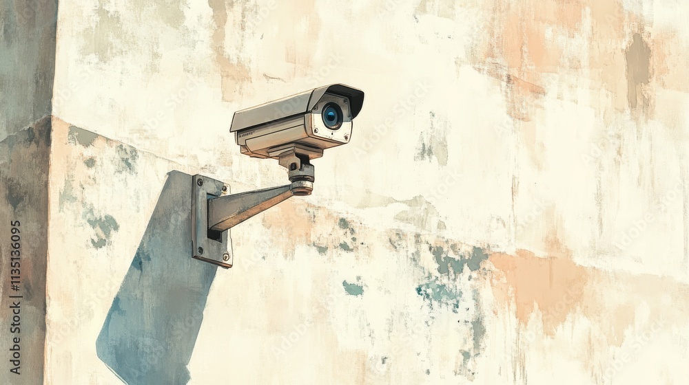 A security camera fixed to a weathered wall, its peeling paint adding a sense of age and wear. The scene combines modern technology with an aged urban environment, creating a textured visual story A security camera fixed to a weathered wall, its peeling paint adding a sense of age and wear. The scene combines modern technology with an aged urban environment, creating a textured visual story