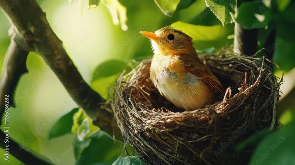 A young bird sits in its nest surrounded by green leaves, symbolizing nature and new life. A young bird sits in its nest surrounded by green leaves, symbolizing nature and new life.