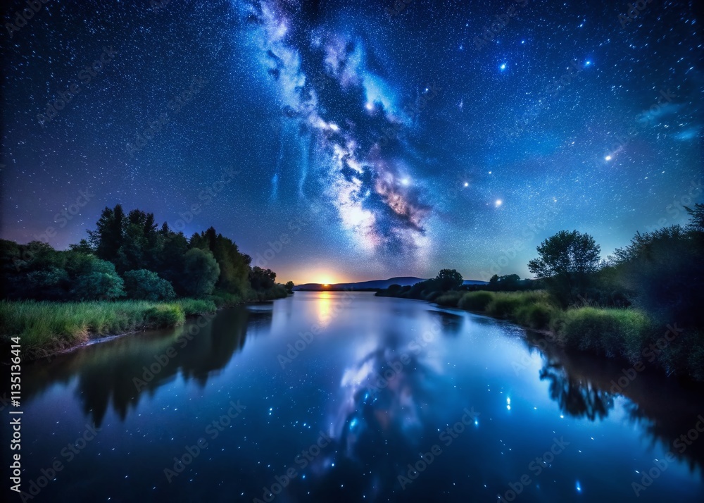 Serene Minimalist Scene of a Calm River Reflecting a Starry Sky at Night, Evoking Peace and Tranquility in Nature's Embrace Serene Minimalist Scene of a Calm River Reflecting a Starry Sky at Night, Evoking Peace and Tranquility in Nature's Embrace