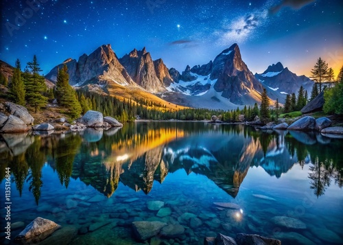 Serene Moonlit Minaret Range Reflected in Ediza Lake Under Starry Night Sky, Capturing the Tranquil Beauty of Nature in Low Light Photography photo