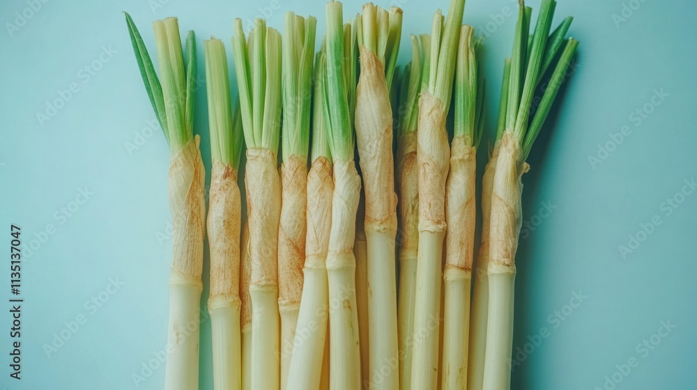 Fototapeta premium Fresh Green Onions on a Light Blue Background