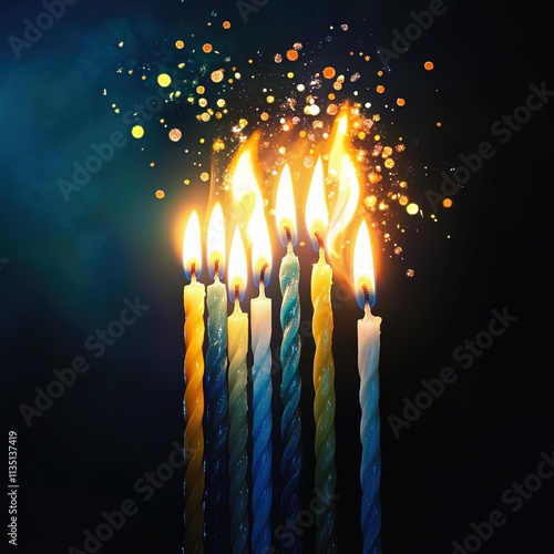 Glowing Hanukkah Candles on colorful background photo