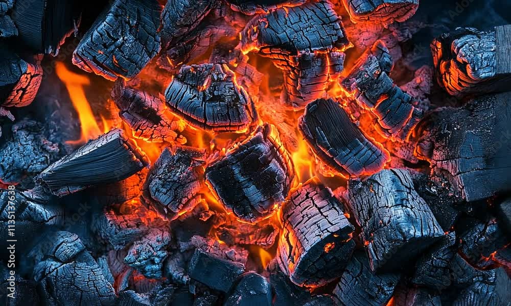 Glowing Embers of a Wood Fire, Close-Up View