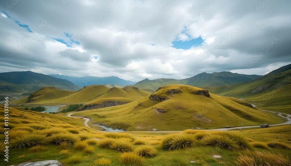Serene Rolling Hills with Winding Road and Glimmering River Serene Rolling Hills with Winding Road and Glimmering River