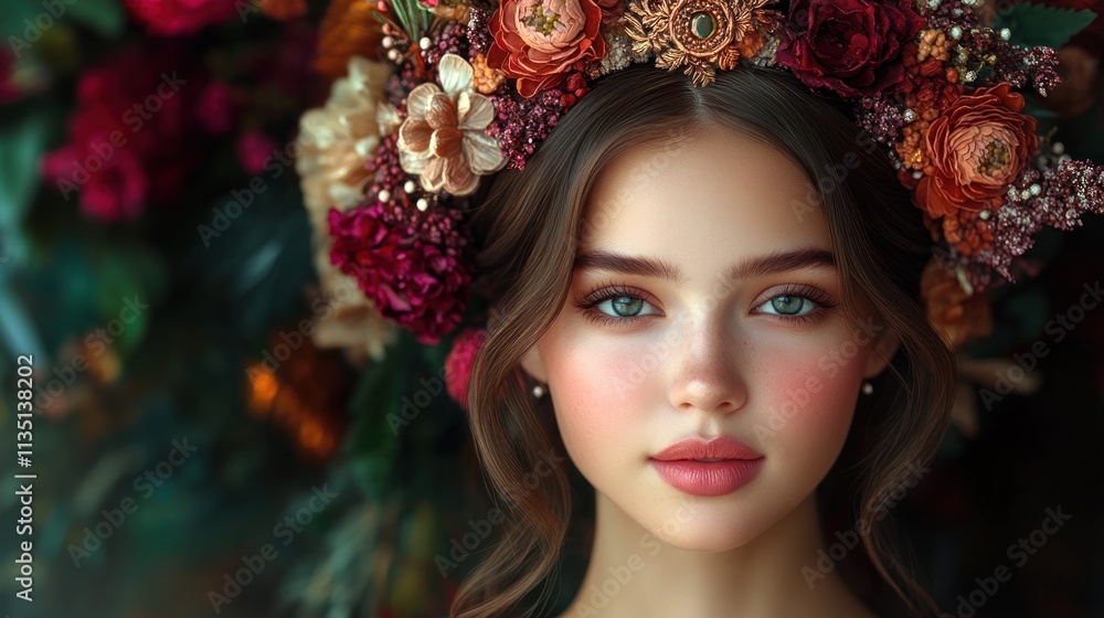 Autumnal Beauty: A Portrait of a Young Woman Adorned with a Floral Crown Autumnal Beauty: A Portrait of a Young Woman Adorned with a Floral Crown