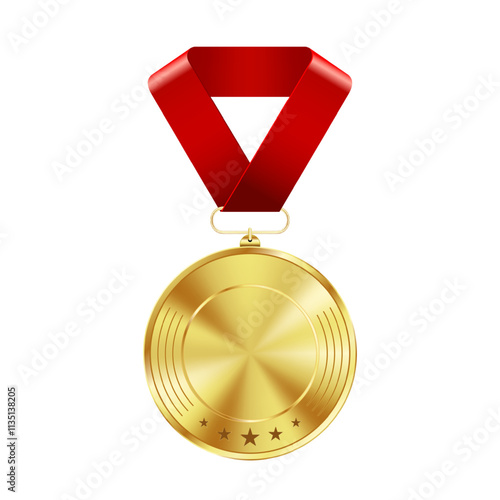 Gold medal with red ribbon. Metallic winner award. Vector illustration