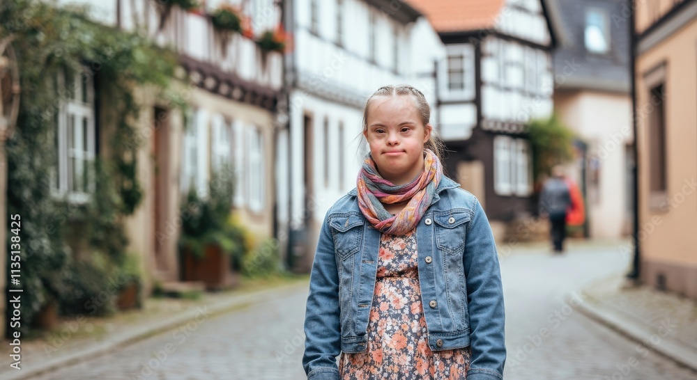 Young caucasian girl with down syndrome strolling in quaint european village street Young caucasian girl with down syndrome strolling in quaint european village street