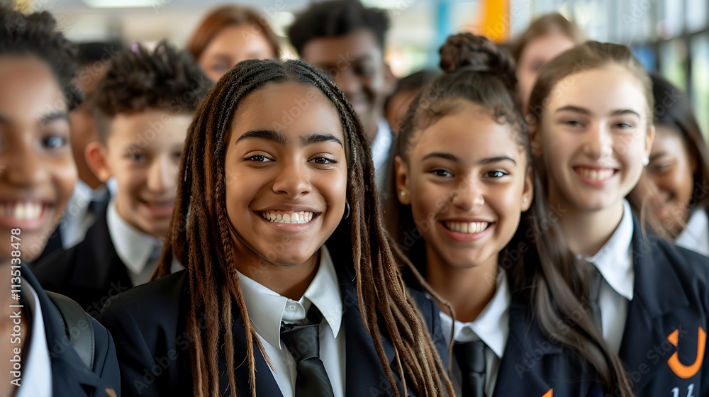 Group of smiling students in uniforms, school spirit and pride Group of smiling students in uniforms, school spirit and pride