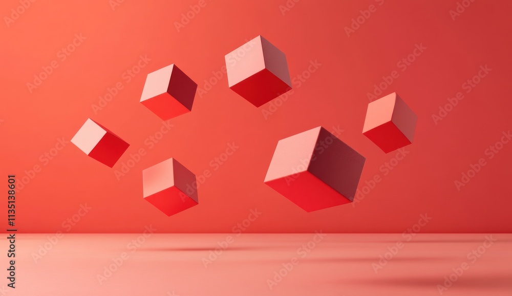 Floating red cubes against a coral background. Floating red cubes against a coral background.