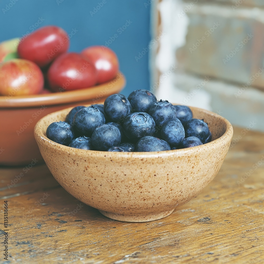 A bowl of fresh blueberries beside a bowl of apples on a wooden table. A bowl of fresh blueberries beside a bowl of apples on a wooden table.