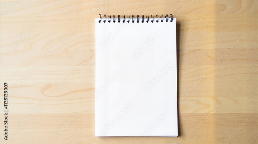 Blank spiral-bound notebook on wooden surface Blank spiral-bound notebook on wooden surface