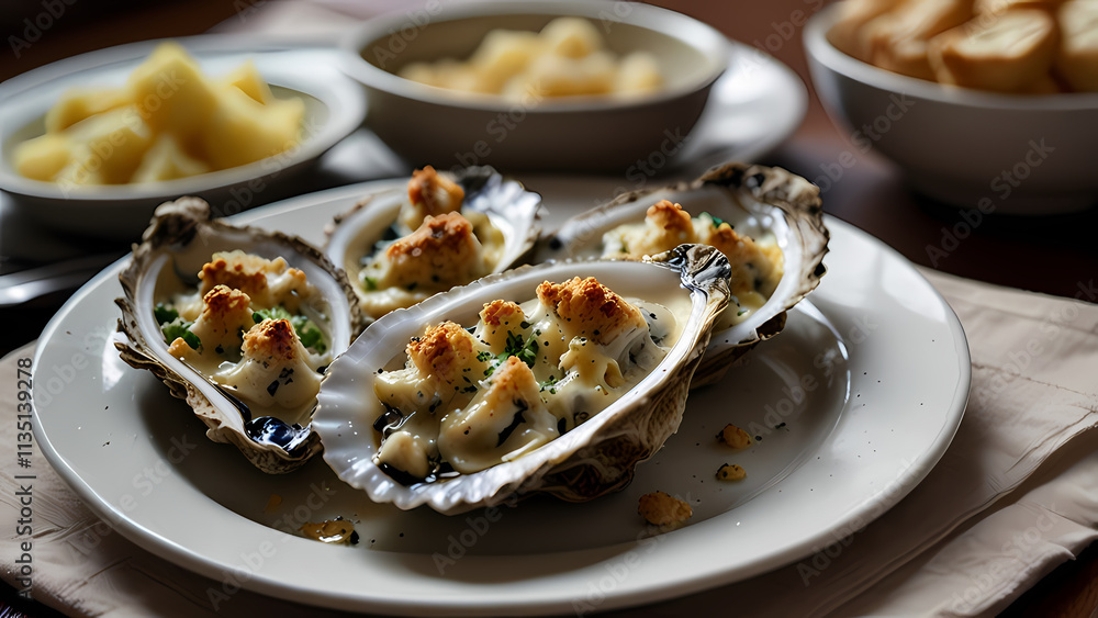 close-up image of a plate of Oyster Mornay close-up image of a plate of Oyster Mornay