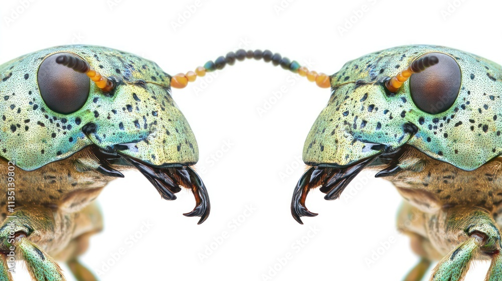 Fototapeta premium Close-up of two colorful beetles facing each other, showcasing intricate details and textures.