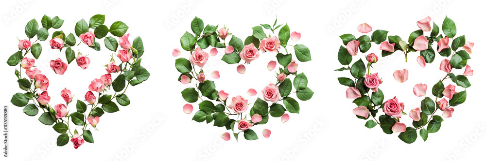 Set of A heart-shaped bouquet of pink and white roses placed on a bed of green moss on transparent png background Set of A heart-shaped bouquet of pink and white roses placed on a bed of green moss on transparent png background