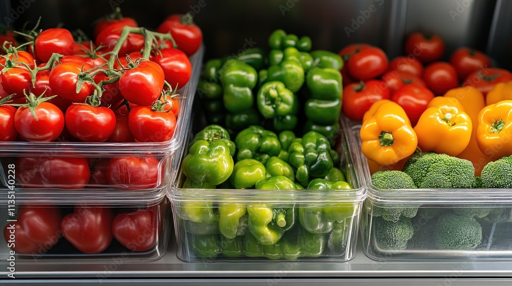 Fresh Produce in Clear Containers: Tomatoes, Peppers, and Broccoli Fresh Produce in Clear Containers: Tomatoes, Peppers, and Broccoli