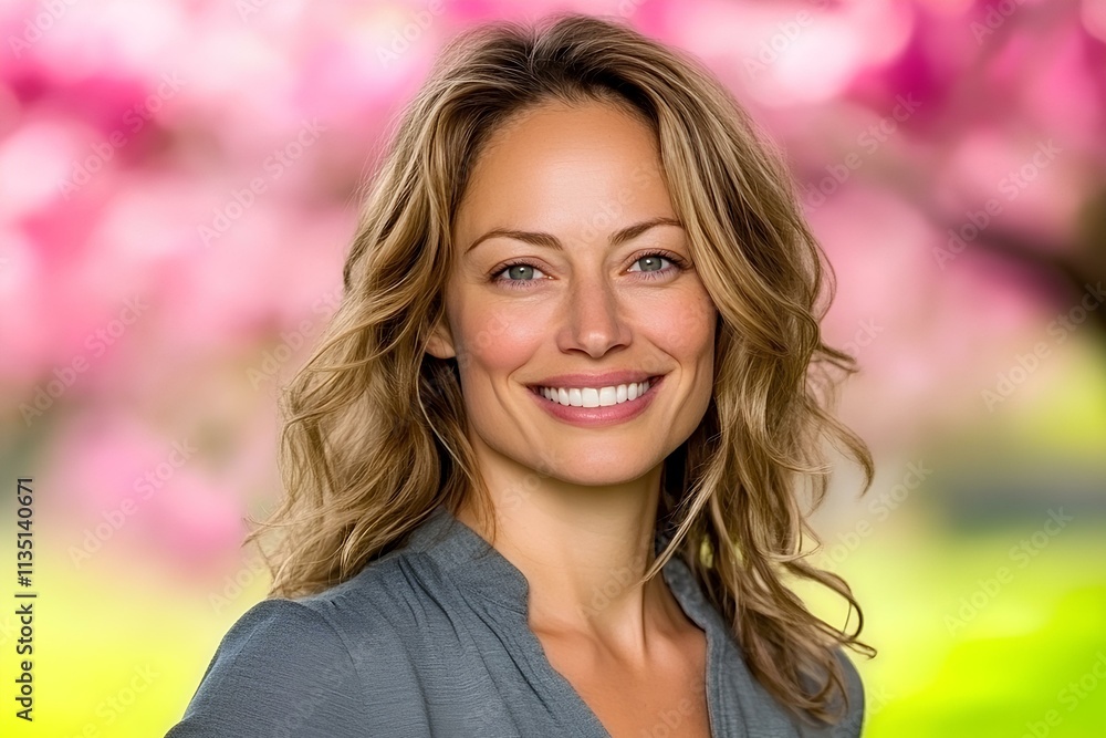 Smiling blonde woman in gray blouse strolls in a botanical garden filled with pink cherry blossoms in full bloom. Smiling blonde woman in gray blouse strolls in a botanical garden filled with pink cherry blossoms in full bloom.