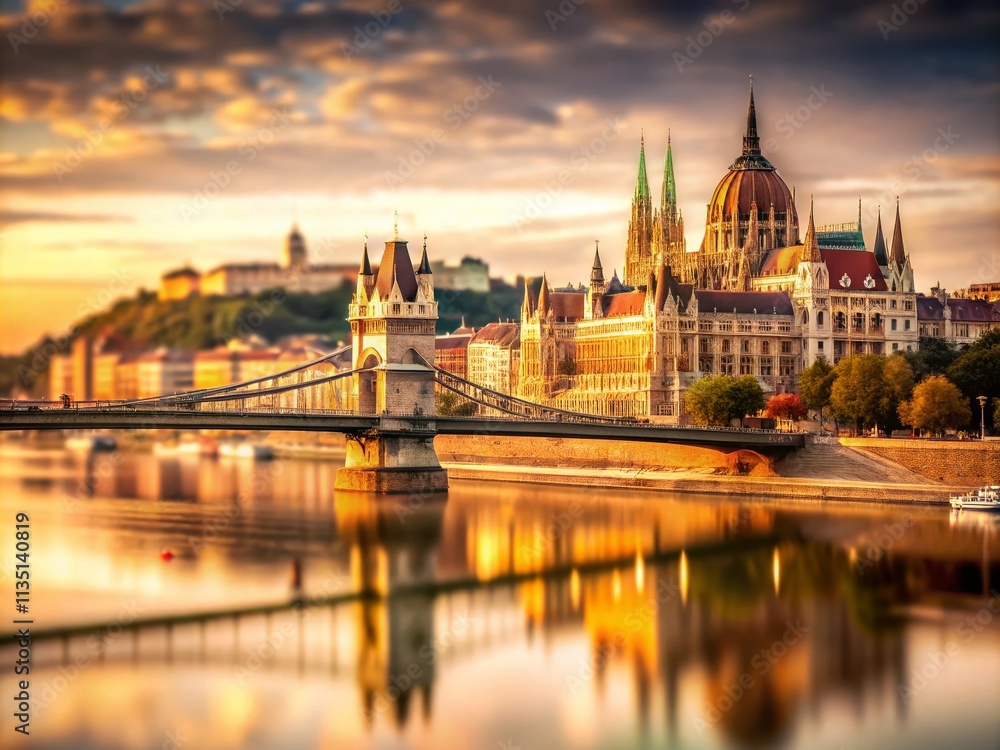 Obraz premium Serene Sepia View of the Elbiety Bridge and Royal Castle in Budapest from the Danube River with Tilt-Shift Photography Effect for a Dreamlike Aesthetic