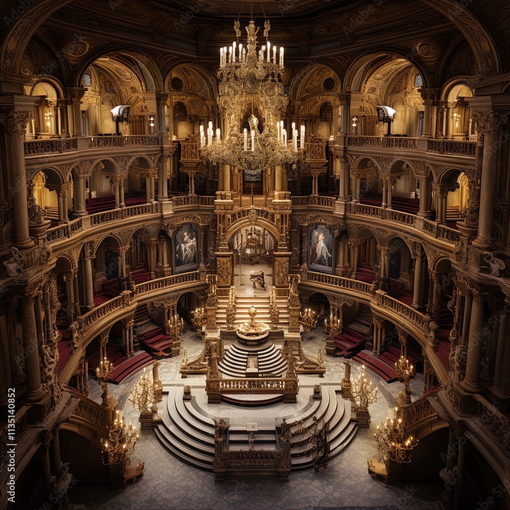 An opulent interior of a grand hall featuring ornate architecture ...