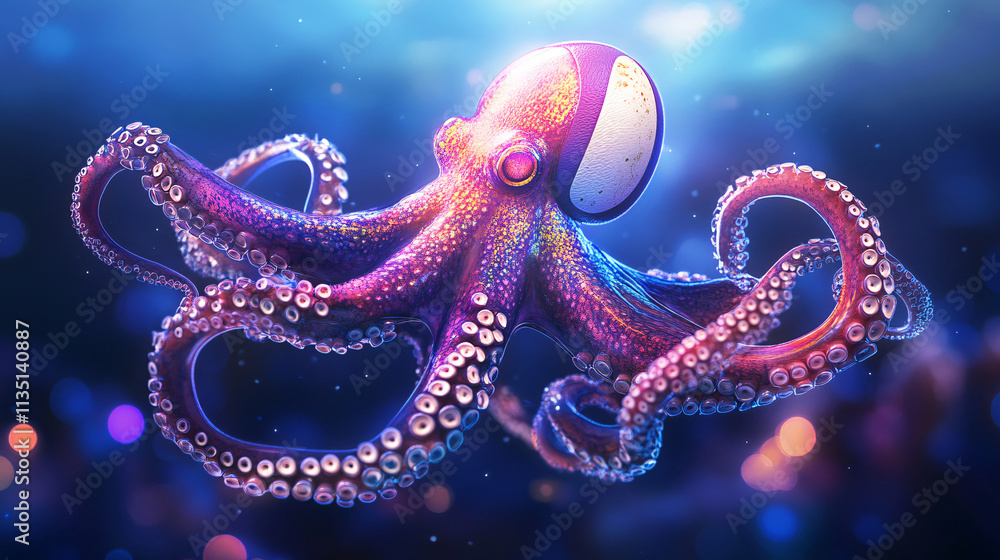 Naklejka premium A glowing underwater rugby icon featuring a glowing octopus, representing online sports platforms studying marine team sports. 