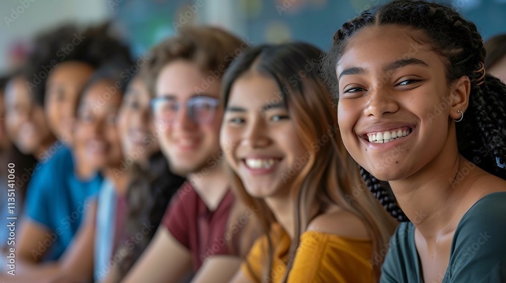 Happy multi-ethnic students smiling in a classroom group portrait Happy multi-ethnic students smiling in a classroom group portrait