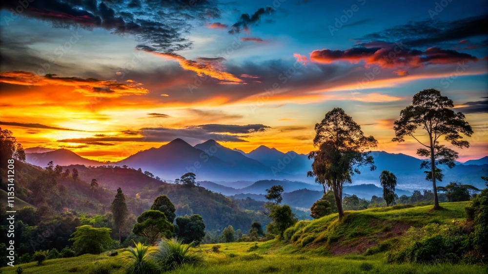 Serene Silhouette of Rural Landscape in the Mountains of New Guinea at Sunset with Lush Vegetation and Majestic Peaks Framing the Horizon in Stunning Detail Serene Silhouette of Rural Landscape in the Mountains of New Guinea at Sunset with Lush Vegetation and Majestic Peaks Framing the Horizon in Stunning Detail