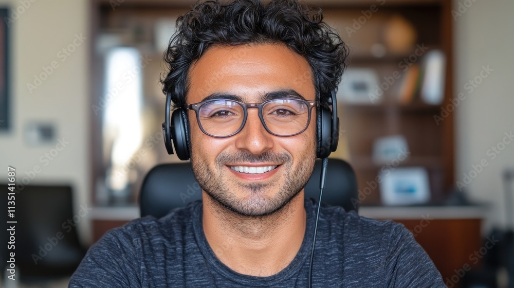 Smiling Man Wearing Headphones and Glasses Smiling Man Wearing Headphones and Glasses