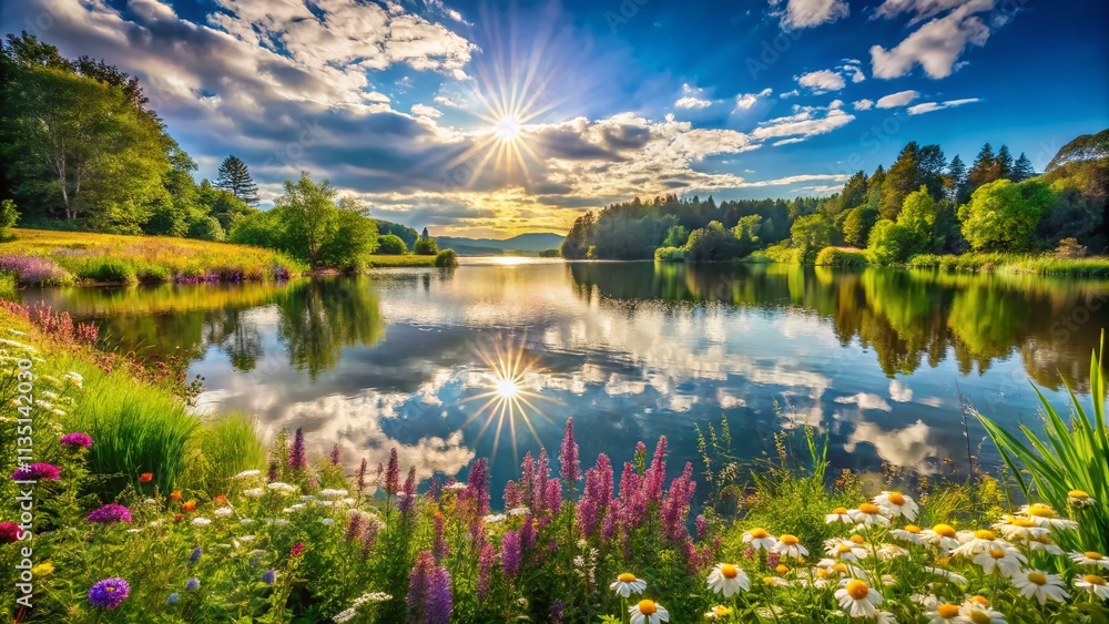 Serene Summer Lake View with Lush Greenery and Clear Blue Skies Perfect for Tranquil Outdoor Scenes, Nature Retreats, and Relaxation Imagery for Stock Photography Serene Summer Lake View with Lush Greenery and Clear Blue Skies Perfect for Tranquil Outdoor Scenes, Nature Retreats, and Relaxation Imagery for Stock Photography
