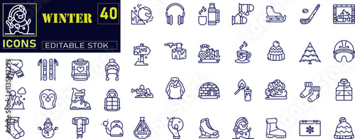 Winter vacation line icons collection. Thin outline icons pack. 