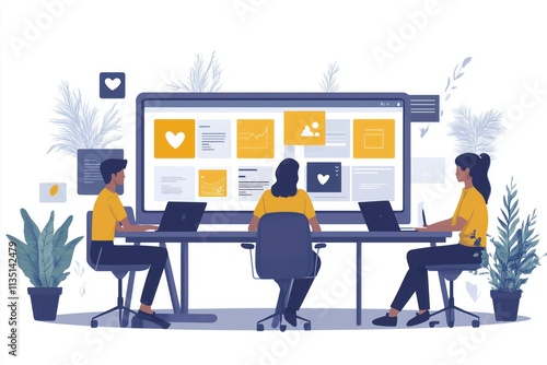 A marketing team working collaboratively on a new campaign, with a large desktop screen displaying social media posts