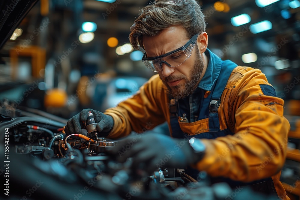 A mechanic in a garage, fixing a car engine with tools scattered around and a vehicle hoisted up A mechanic in a garage, fixing a car engine with tools scattered around and a vehicle hoisted up